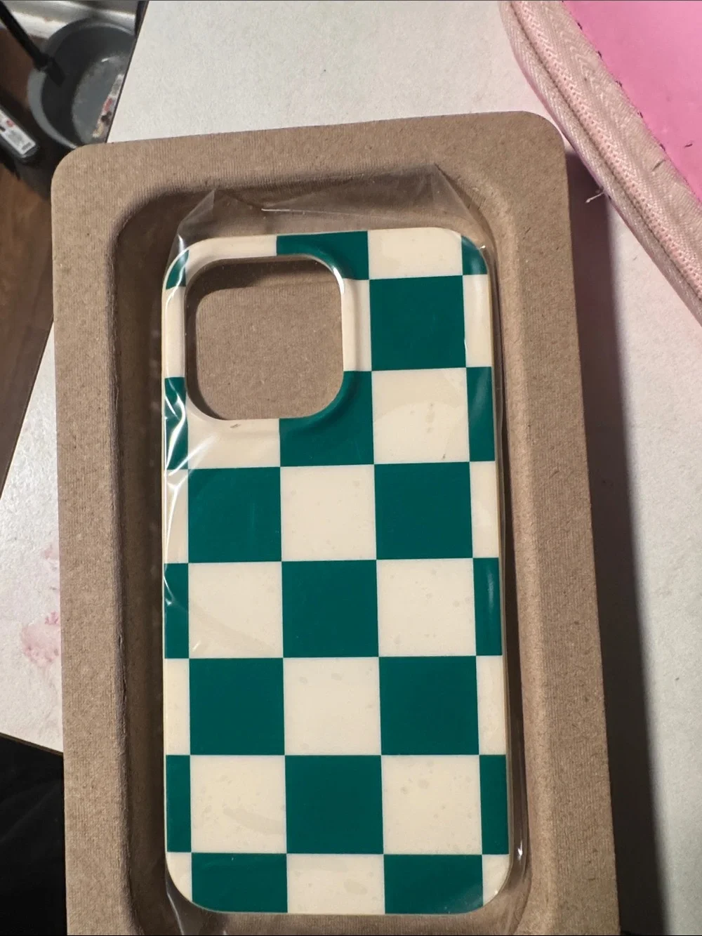 Green and White Checkerboard Phone Case - Men Accessories